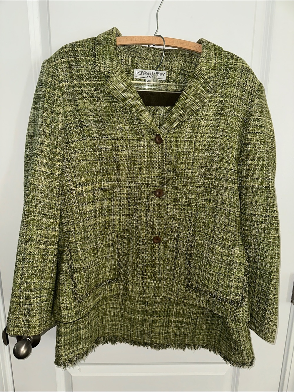 Vintage Kasper & Company Green Tweed Fringed Skirt Suit Set, Size 16